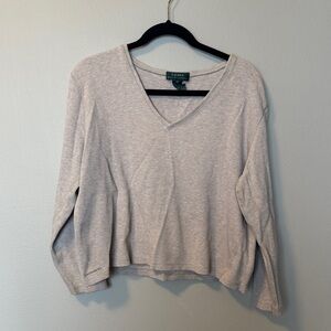 Lauren Ralph Lauren Beige/Cream Ribbed V-Neck Pullover Long Sleeve Top